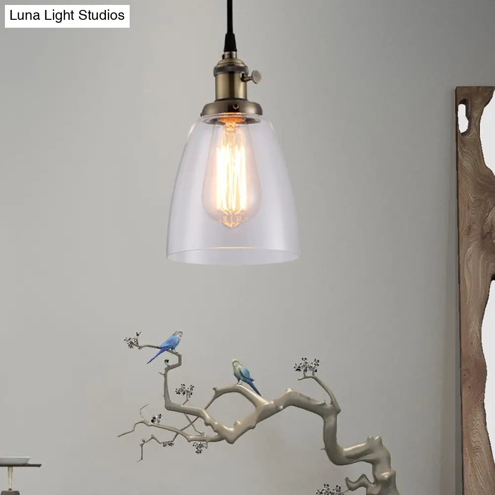 Industrial 1 Bulb Hanging Pendant Lamp with Clear Glass Bell Shade and Bronze/Brass/Copper Top for Living Room