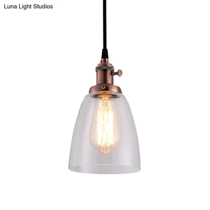 Industrial 1 Bulb Hanging Pendant Lamp with Clear Glass Bell Shade and Bronze/Brass/Copper Top for Living Room