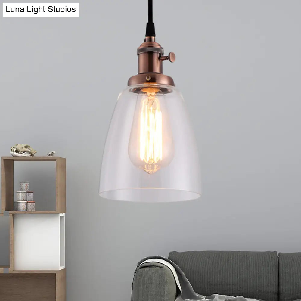 Industrial 1 Bulb Hanging Pendant Lamp with Clear Glass Bell Shade and Bronze/Brass/Copper Top for Living Room