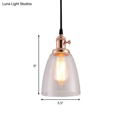 Industrial 1 Bulb Hanging Pendant Lamp with Clear Glass Bell Shade and Bronze/Brass/Copper Top for Living Room