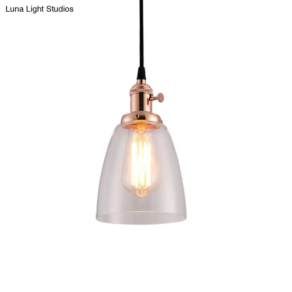 Industrial 1 Bulb Hanging Pendant Lamp with Clear Glass Bell Shade and Bronze/Brass/Copper Top for Living Room