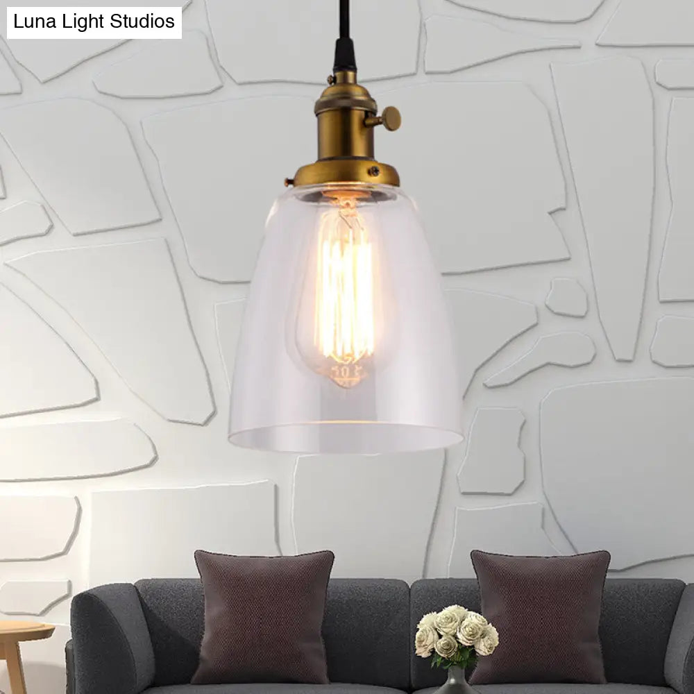 Industrial 1 Bulb Hanging Pendant Lamp with Clear Glass Bell Shade and Bronze/Brass/Copper Top for Living Room