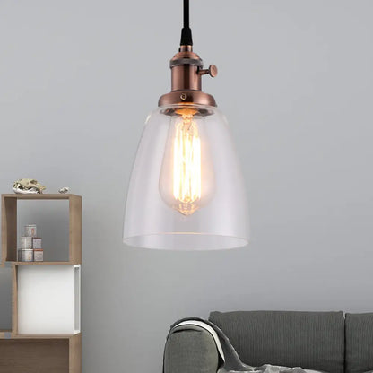 Industrial 1 Bulb Hanging Pendant Lamp with Clear Glass Bell Shade and Bronze/Brass/Copper Top for Living Room