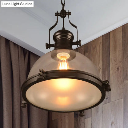 Industrial 1-Light Dome Pendant Ceiling Light Fixture with Clear Glass and Trim Ring - Black