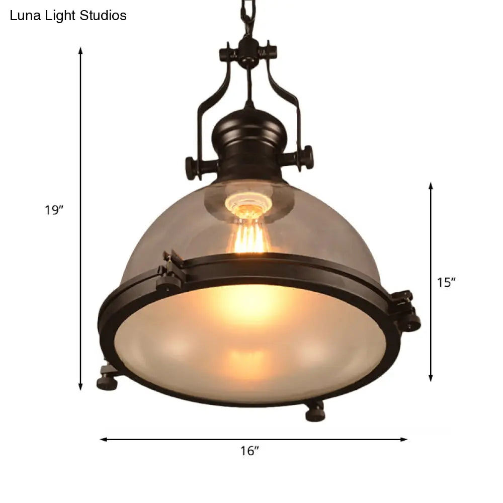 Industrial 1-Light Dome Pendant Ceiling Light Fixture with Clear Glass and Trim Ring - Black