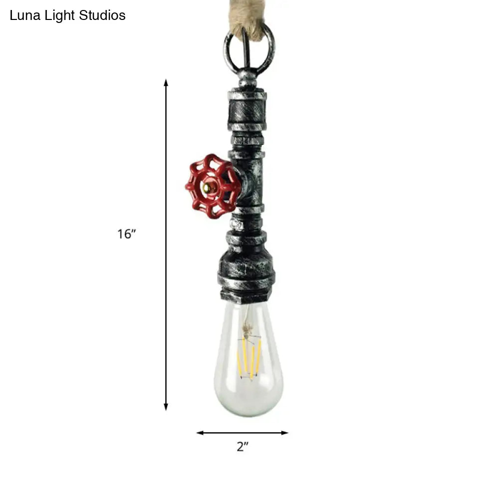 Industrial 1-Light Wrought Iron Pipe Pendant with Adjustable Rope - Aged Silver/Copper