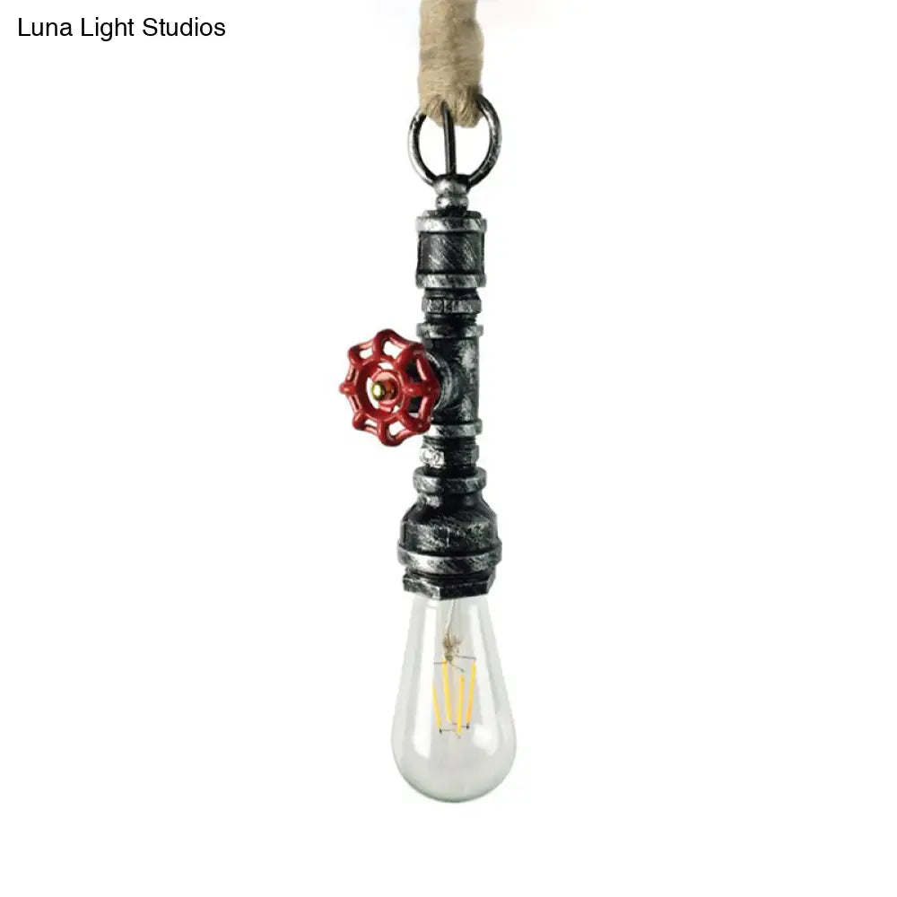 Industrial 1-Light Wrought Iron Pipe Pendant with Adjustable Rope - Aged Silver/Copper