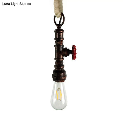 Industrial 1-Light Wrought Iron Pipe Pendant with Adjustable Rope - Aged Silver/Copper