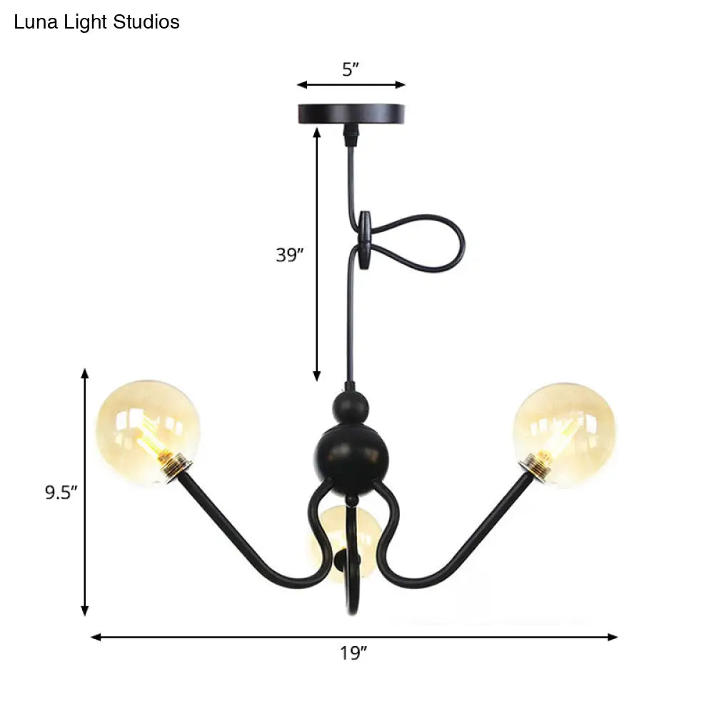 Industrial 3-Head Hanging Chandelier with Amber/Clear Glass Shades - Black/Chrome Finish, Orbit Ceiling Lighting