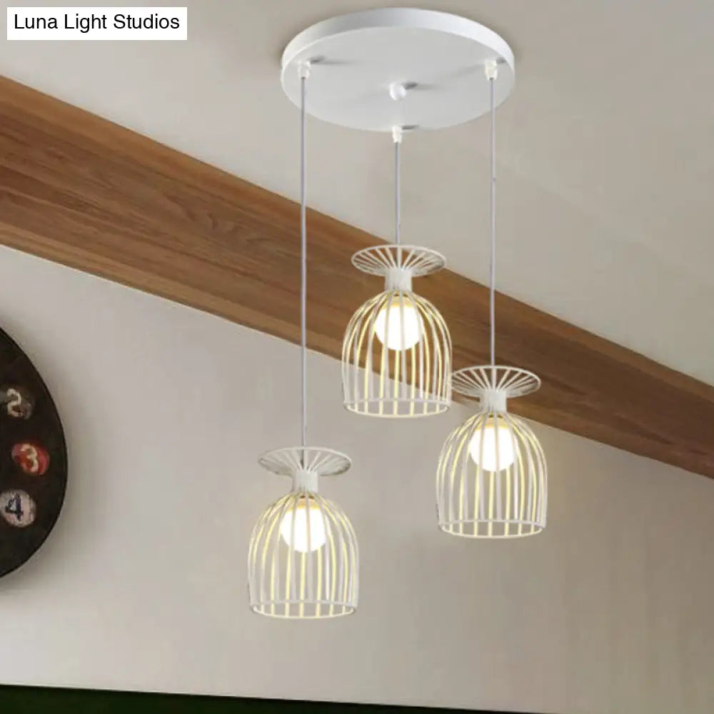 Industrial 3-Head Metal Wine Glass Pendant Light with Wire Guard for Living Room in White