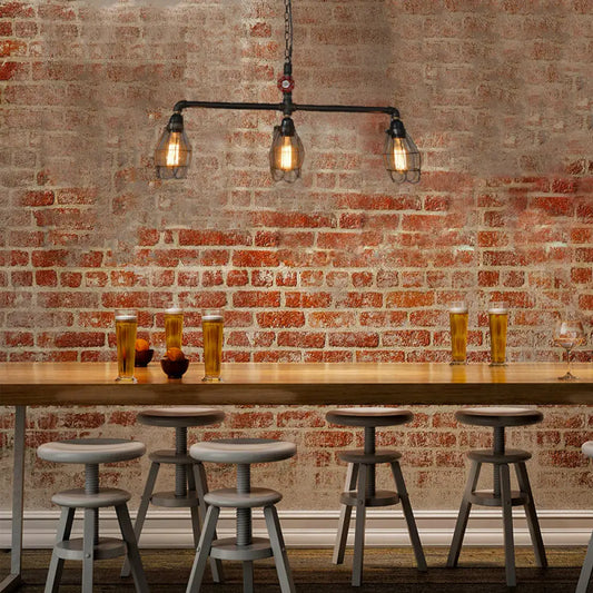 DecorBites™ Industrial 3-Light Cage Iron Pendant with Red Valve: Small, Bronze Fixture for Dining Room and Island Lighting
