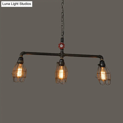 DecorBites™ Industrial 3-Light Cage Iron Pendant with Red Valve: Small, Bronze Fixture for Dining Room and Island Lighting