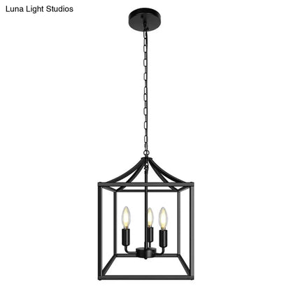 Industrial 3-Light Chandelier with Black/Gold Iron Cage Pendant for Kitchen Ceiling