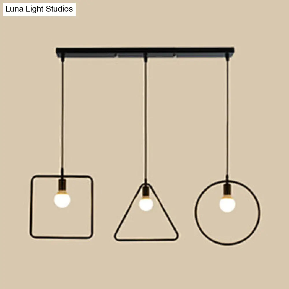 Industrial 3-Light Geometric Metal Frame Pendant with Black Finish for Dining Room Ceiling