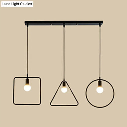 Industrial 3-Light Geometric Metal Frame Pendant with Black Finish for Dining Room Ceiling