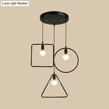 Industrial 3-Light Geometric Metal Frame Pendant with Black Finish for Dining Room Ceiling