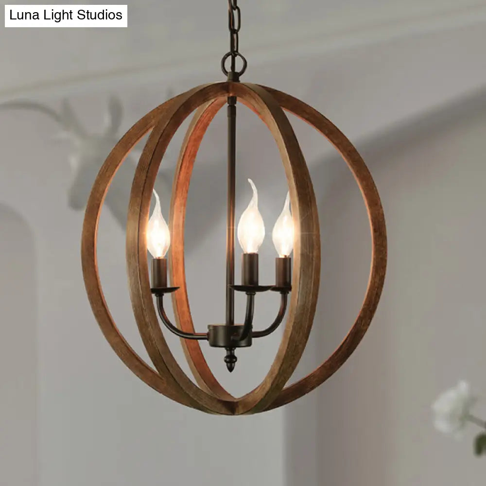 Industrial 3-Light Wooden Sphere Chandelier Pendant for Dining Room in Brown
