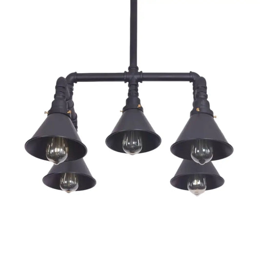 Industrial 5-Light Chandelier with Metal Shade in Black/Copper for Living Rooms