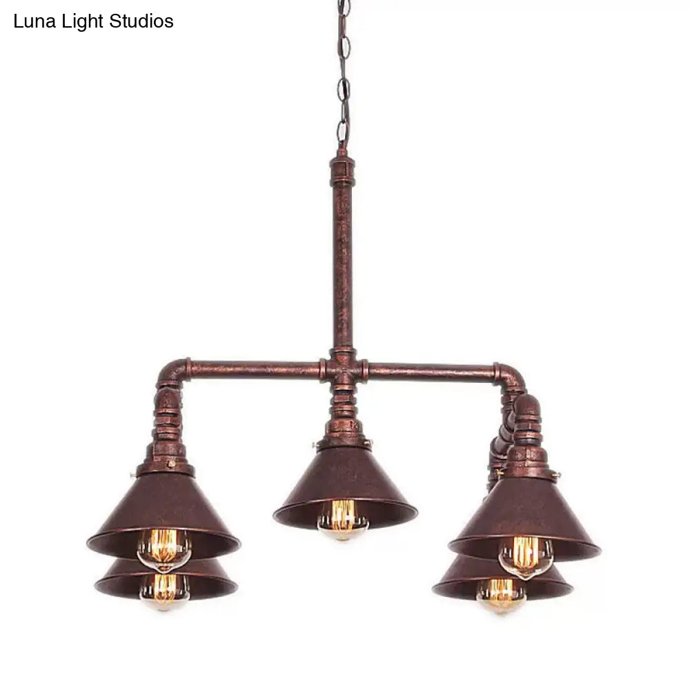 Industrial 5-Light Chandelier with Metal Shade in Black/Copper for Living Rooms