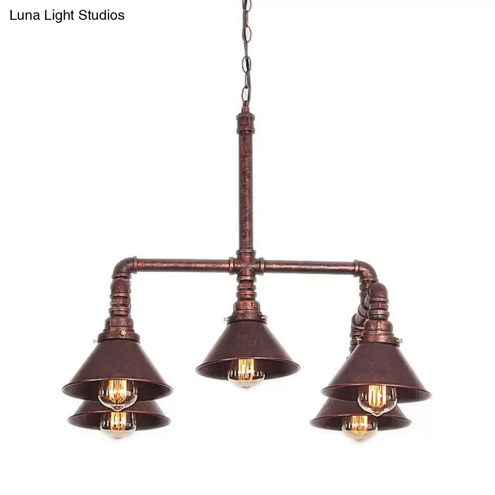 Industrial 5-Light Chandelier with Metal Shade in Black/Copper for Living Rooms