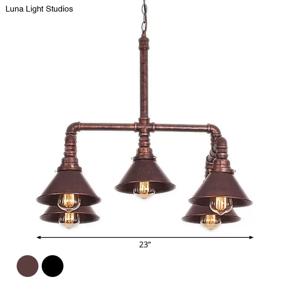 Industrial 5-Light Chandelier with Metal Shade in Black/Copper for Living Rooms
