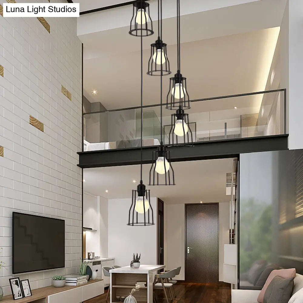 Industrial 6-Head Stair Suspended Pendant Lamp - Iron Wire Cage Multi Ceiling Light in Black