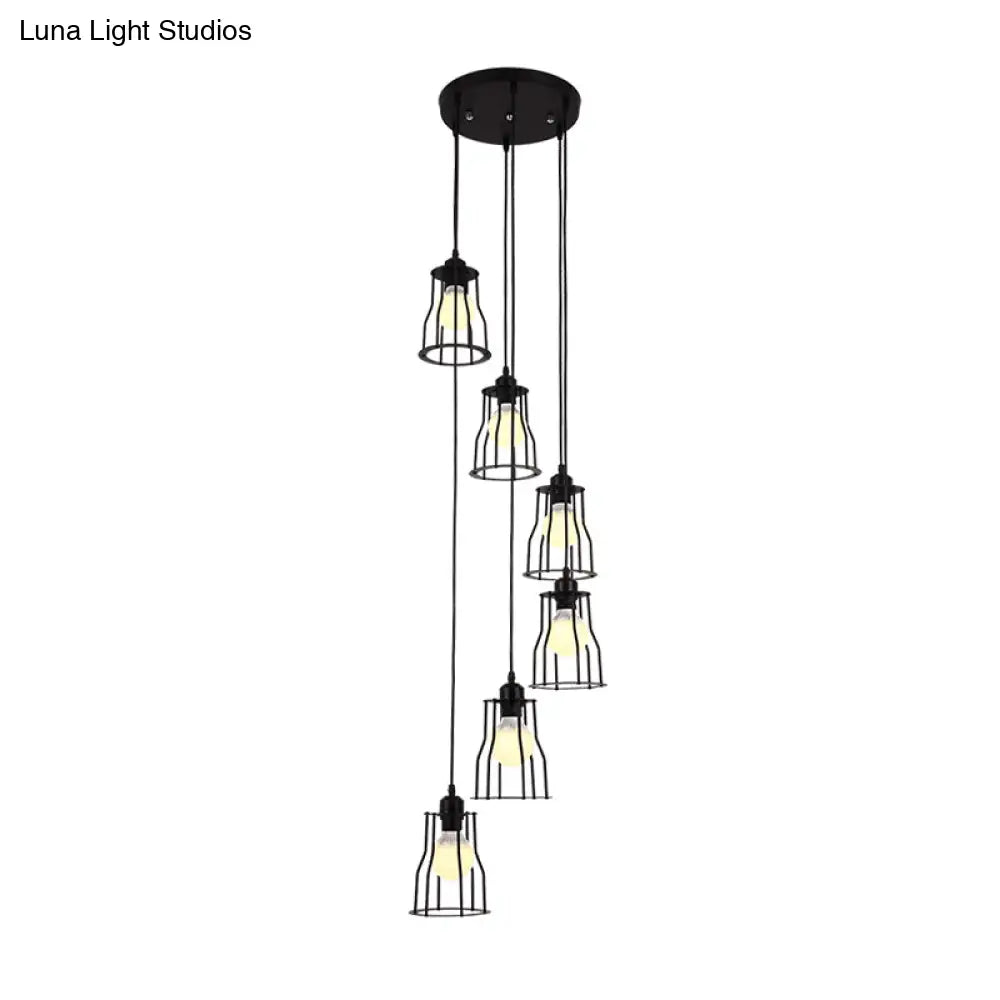 Industrial 6-Head Stair Suspended Pendant Lamp - Iron Wire Cage Multi Ceiling Light in Black