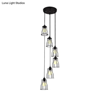 Industrial 6-Head Stair Suspended Pendant Lamp - Iron Wire Cage Multi Ceiling Light in Black