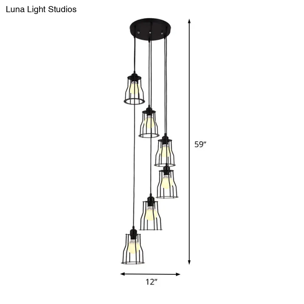 Industrial 6-Head Stair Suspended Pendant Lamp - Iron Wire Cage Multi Ceiling Light in Black