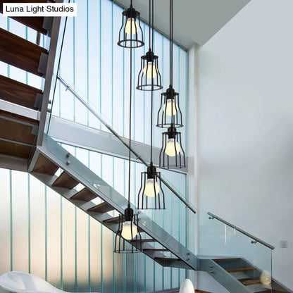 Industrial 6-Head Stair Suspended Pendant Lamp - Iron Wire Cage Multi Ceiling Light in Black