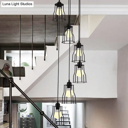 Industrial 6-Head Stair Suspended Pendant Lamp - Iron Wire Cage Multi Ceiling Light in Black