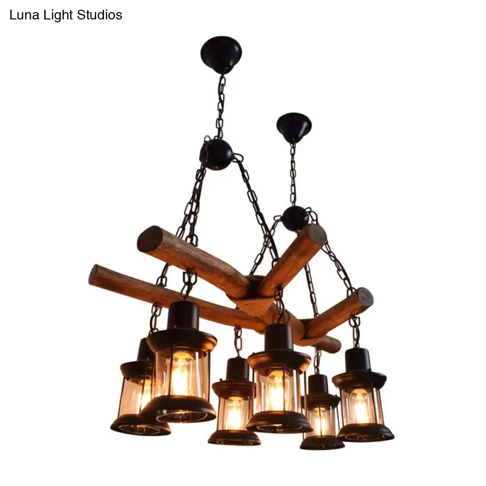 Industrial 6-Head Wood Pendant Lantern for Restaurant Chandelier