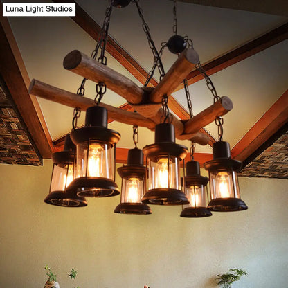 Industrial 6-Head Wood Pendant Lantern for Restaurant Chandelier