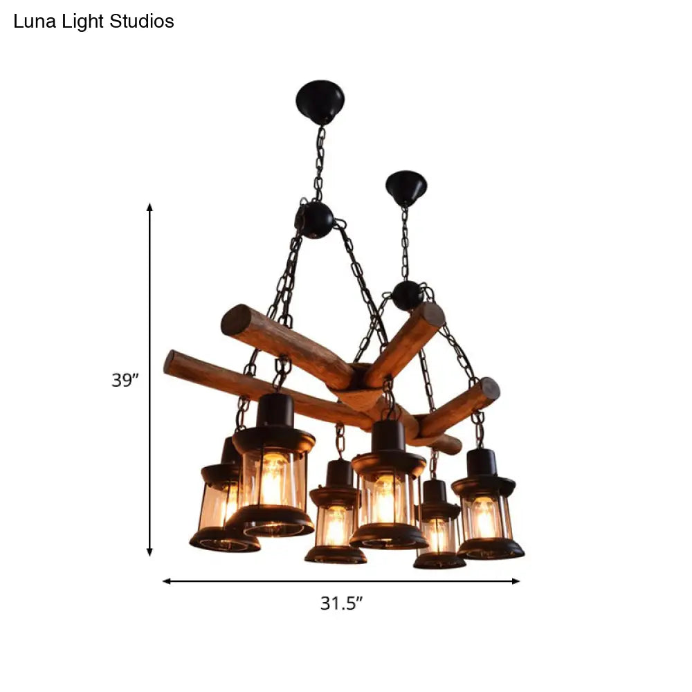 Industrial 6-Head Wood Pendant Lantern for Restaurant Chandelier