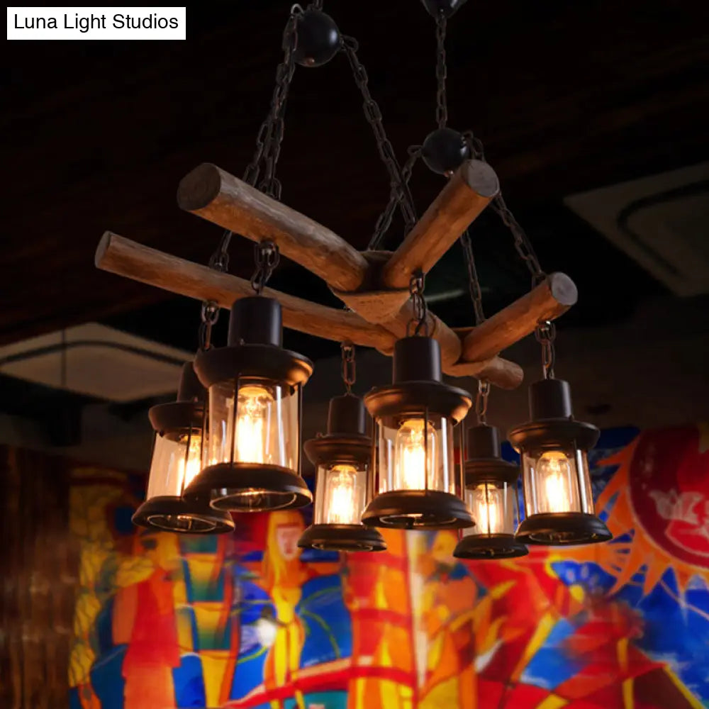 Industrial 6-Head Wood Pendant Lantern for Restaurant Chandelier