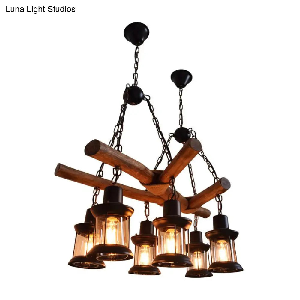 Industrial 6-Head Wood Pendant Lantern for Restaurant Chandelier