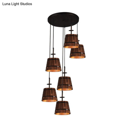 Industrial 6-Light Wooden Tapered Shade Pendant Light in Brown for Coffee Shop