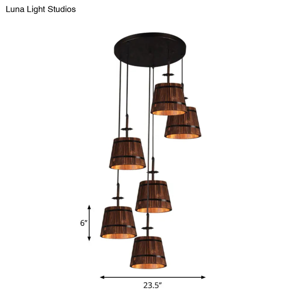 Industrial 6-Light Wooden Tapered Shade Pendant Light in Brown for Coffee Shop