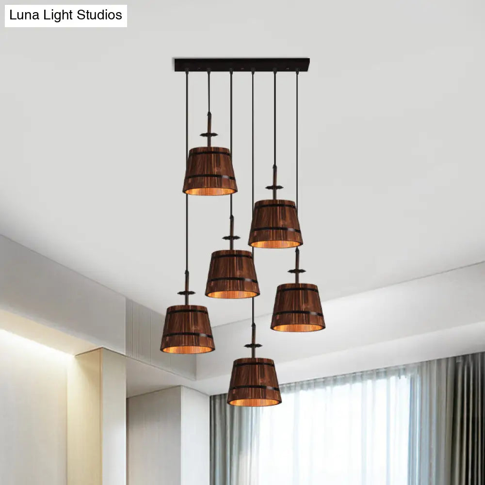 Industrial 6-Light Wooden Tapered Shade Pendant Light in Brown for Coffee Shop