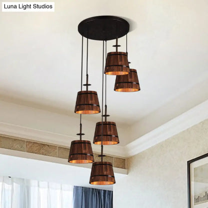 Industrial 6-Light Wooden Tapered Shade Pendant Light in Brown for Coffee Shop