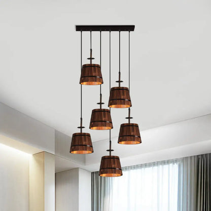 Industrial 6-Light Wooden Tapered Shade Pendant Light in Brown for Coffee Shop