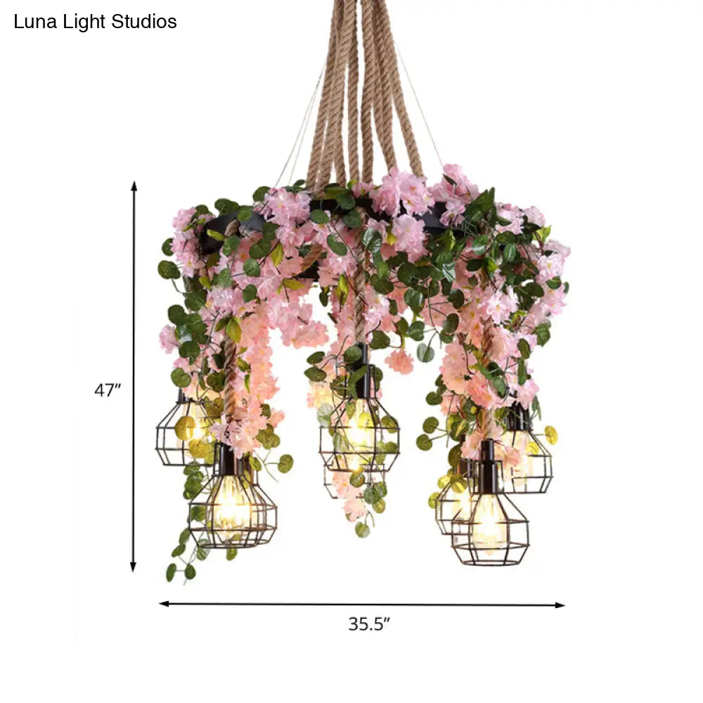 Industrial 8-Bulb Cluster Pendant Light - Hemp Rope LED Flower Hanging Lamp Kit in Black