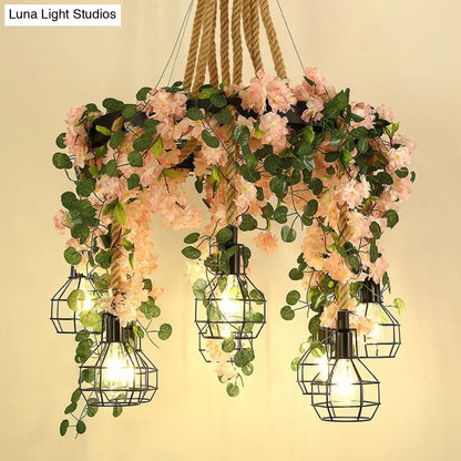 Industrial 8-Bulb Cluster Pendant Light - Hemp Rope LED Flower Hanging Lamp Kit in Black