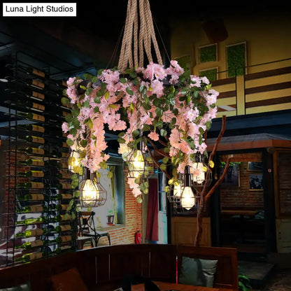 Industrial 8-Bulb Cluster Pendant Light - Hemp Rope LED Flower Hanging Lamp Kit in Black