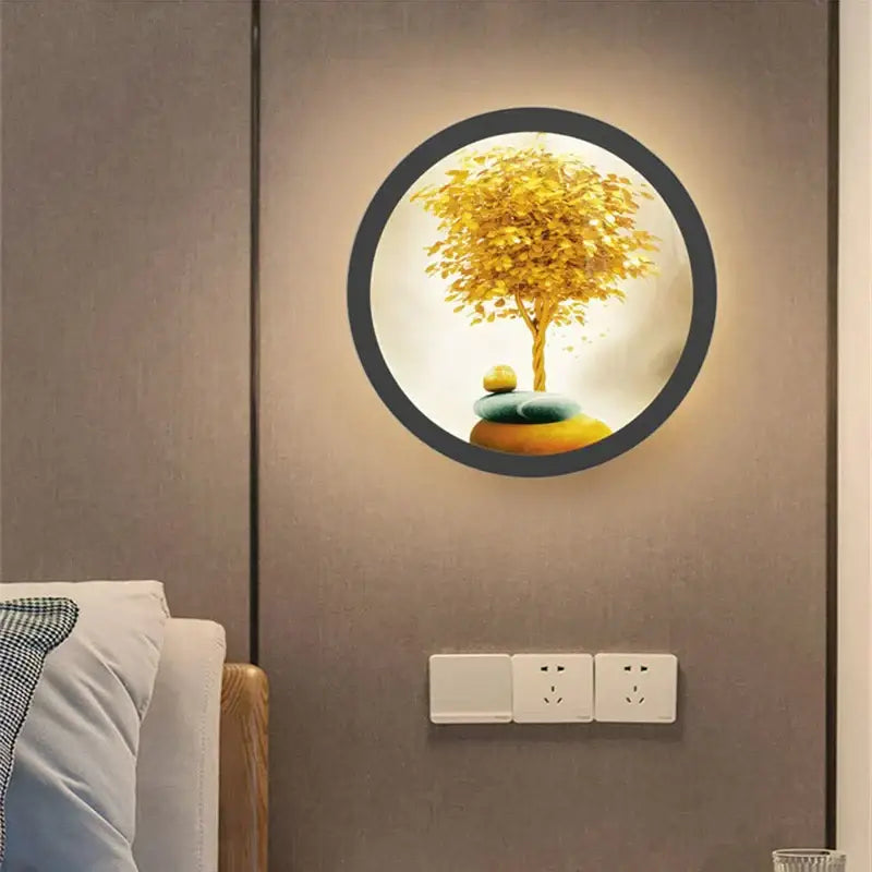 Industrial acrylic round golden deer wall lamp with glowing tree and green yellow stones in black frame for bedroom decor