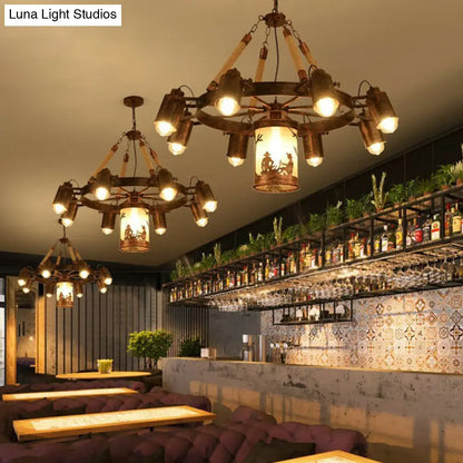 Industrial Adjustable Chandelier Pendant with 8 Lights, Black/Rust Wheel Design, Restaurant Ceiling Spotlight, Rope Accent