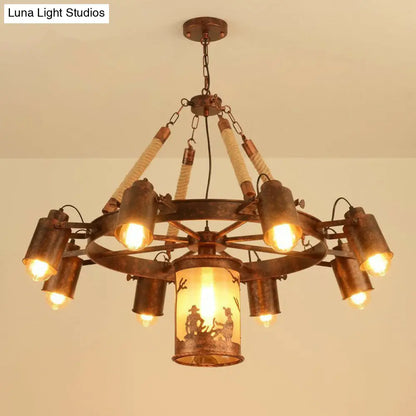 Industrial Adjustable Chandelier Pendant with 8 Lights, Black/Rust Wheel Design, Restaurant Ceiling Spotlight, Rope Accent