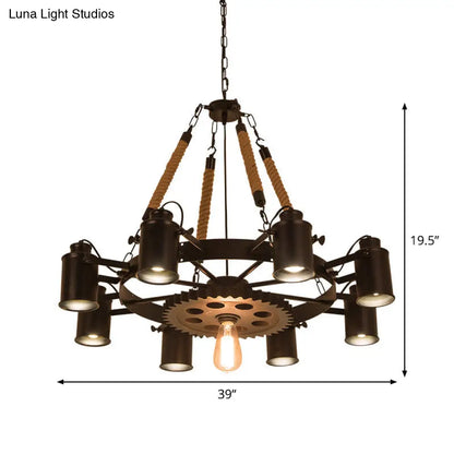 Industrial Adjustable Chandelier Pendant with 8 Lights, Black/Rust Wheel Design, Restaurant Ceiling Spotlight, Rope Accent