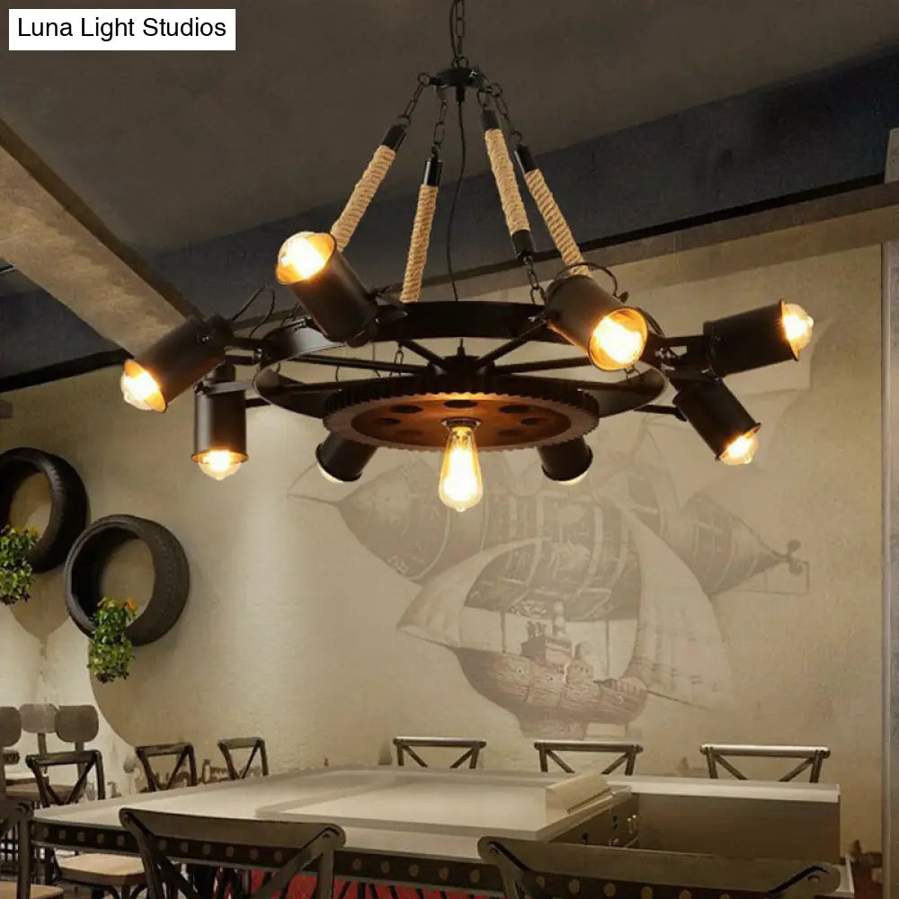 Industrial Adjustable Chandelier Pendant with 8 Lights, Black/Rust Wheel Design, Restaurant Ceiling Spotlight, Rope Accent