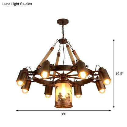 Industrial Adjustable Chandelier Pendant with 8 Lights, Black/Rust Wheel Design, Restaurant Ceiling Spotlight, Rope Accent